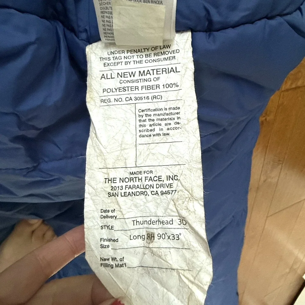 The North Face Thunderhead 3D Sleeping Bag Long 20F Polarguard Mummy 90x33 Blue